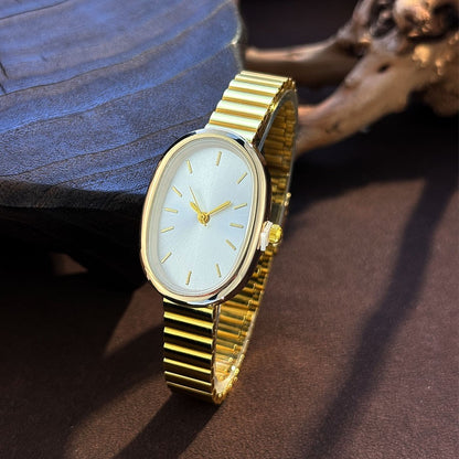 New Golden Retro Fashion Elliptical Quartz Watch Ladies Steel Strap Gold Watch Stylish Niche Timepiece