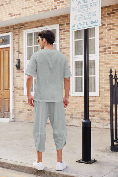 Summer Cotton Linen Shirt Set Men's Casual Outdoor 2-Piece Suit Andhome Clothes Pajamas Comfy Breathable Beach Short Sleeve Sets