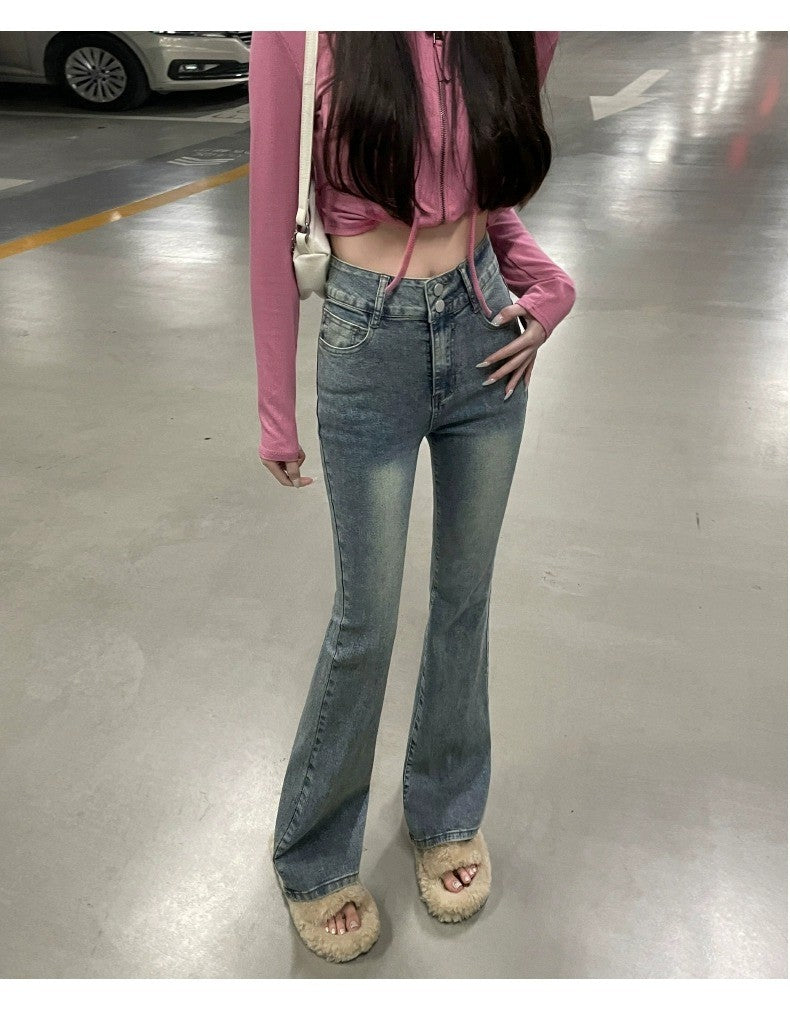 High Waist Fce Lined Thiened Autumn Winter American Bla ey Micro Flared Jeans Women Slimming Legging  Hoof Pants