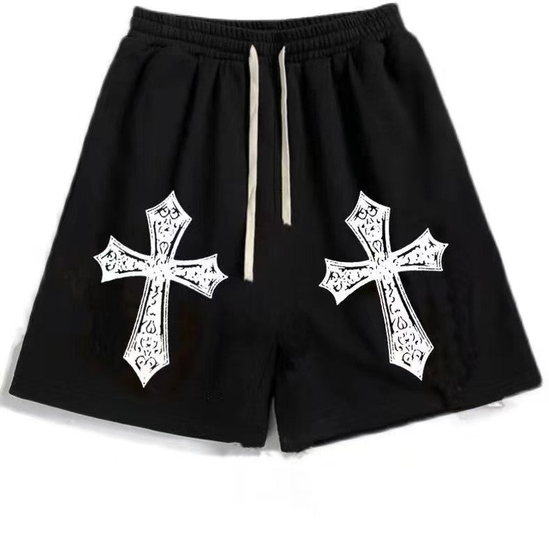 Street Hip-hop Cross Design Pattern Loose Casual Shorts Men American Y2K Harajuku Oversized Fashion Versatile Mid-pants Women