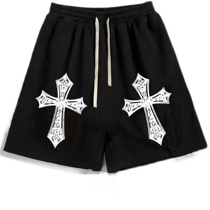 Street Hip-hop Cross Design Pattern Loose Casual Shorts Men American Y2K Harajuku Oversized Fashion Versatile Mid-pants Women