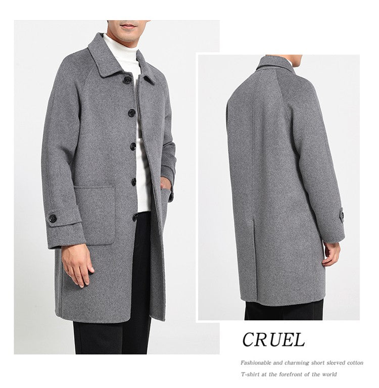 Mid-Length Single-Breasted Polo Collar Men's Overcoat Double-Sided Woolen 100% Pure Wool High-End Coat Fashion Men's Clothing