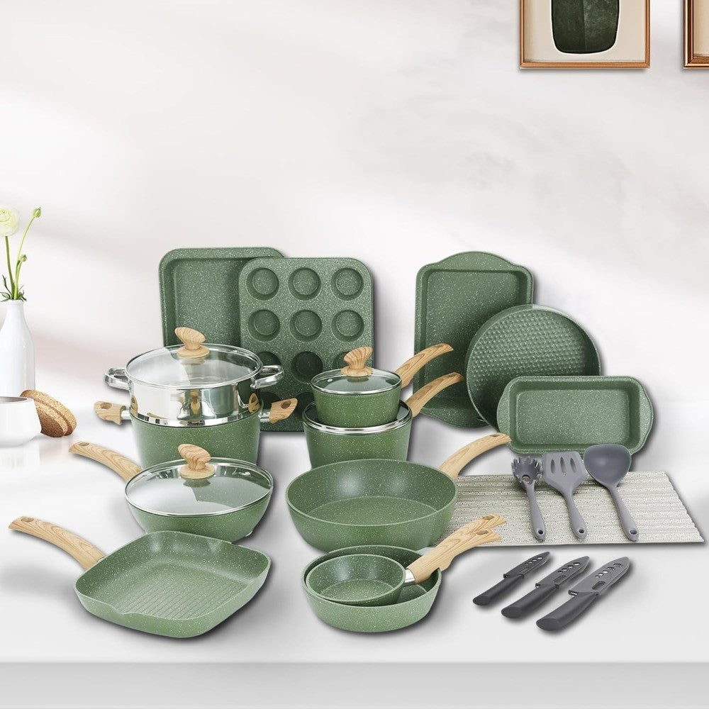 30-Piece Non-Stick Granite Cookware Set, Induction Compatible Pots & Pans with Bakeware, Green Kitchen Essentials