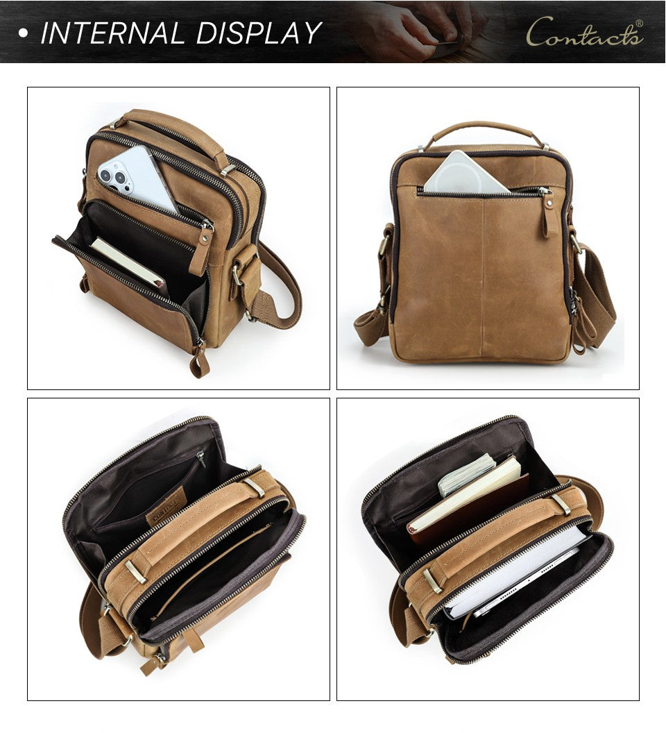 CONTACT'S Crazy Horse Leather Men's Shoulder Bag Vintage Messenger Bags Men Bolsos Male Crossbody Bags Man's Handbag Sling Bag