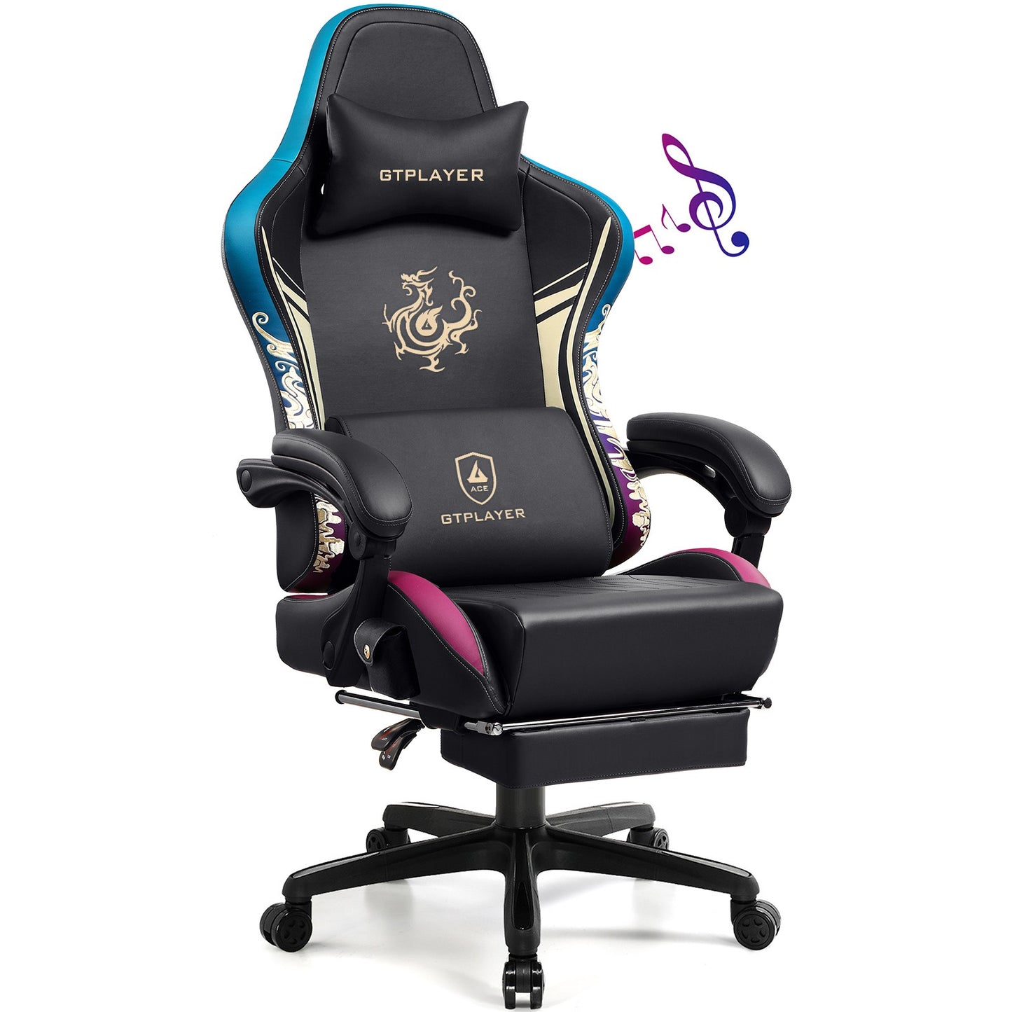 Cadeira Gamer GTPLAYER com Alto-falantes Bluetooth, Apoio para os Pés e Design Ergonômico, Cadeira de Escritório e para Videogame Série Dragão