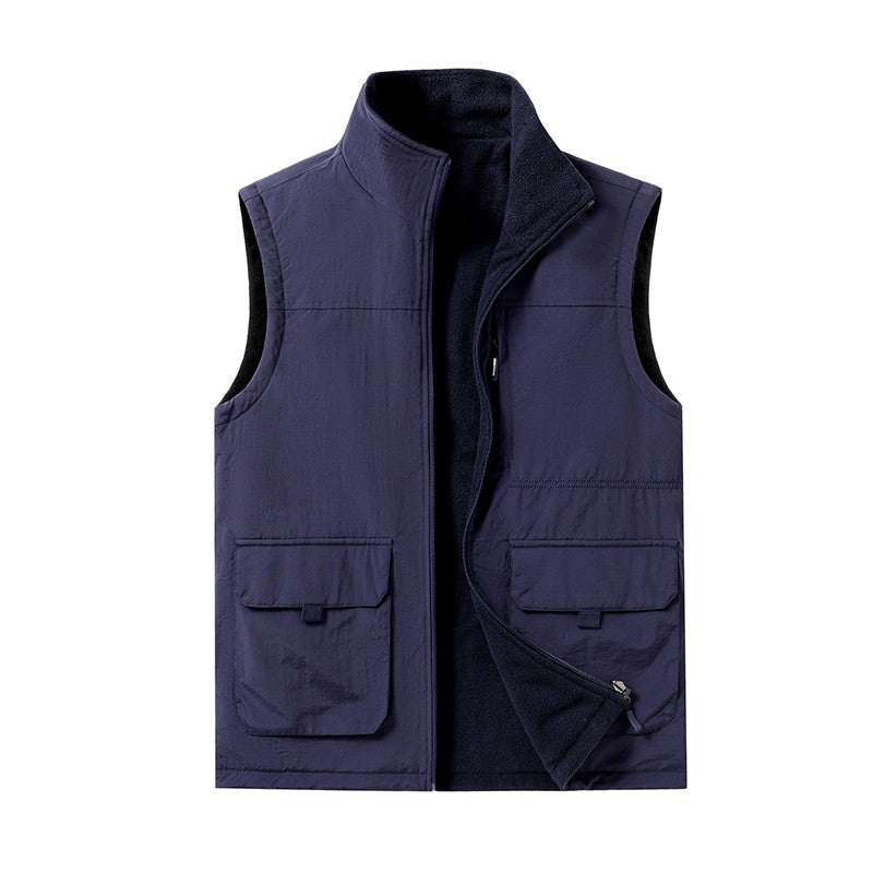 Colete de Pesca Masculino de Veludo Outono e Primavera Novo, Casaco de Veludo para Homem, Colete de Trabalho Solto e Moderno com Vários Bolsos para Homens de Meia-Idade