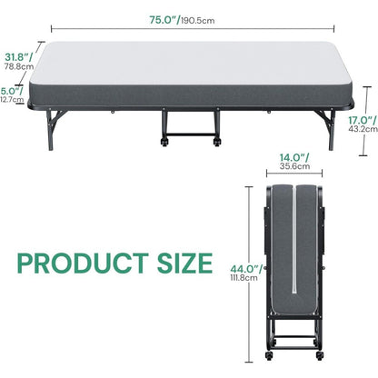 Folding Bed 75" x 31" with Mattress, Rollaway Guest Portable Foldable Extra Bed for Adults, Fold up Bed with 5" Memory