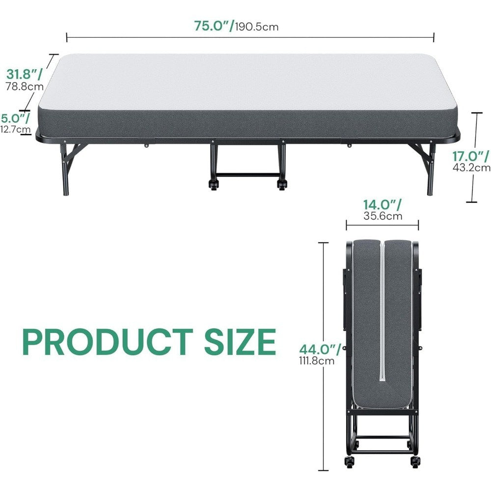 Folding Bed 75" x 31" with Mattress, Rollaway Guest Portable Foldable Extra Bed for Adults, Fold up Bed with 5" Memory