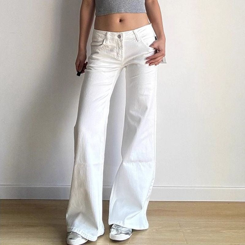 Low Waist White Denim Jeans Women's Spring Autumn 2025 New Design Slim Fit Bell Bot Wide Leg Pants Stand Fit Jeans