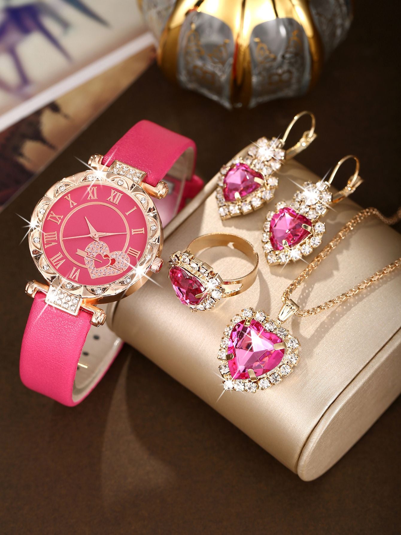 5PCS Wo5PCS Women's Love Set Diamond Dial Fashion men's Love Set Diamond Dial Fashion Versatile Alloy Case Pointer Leather Watch