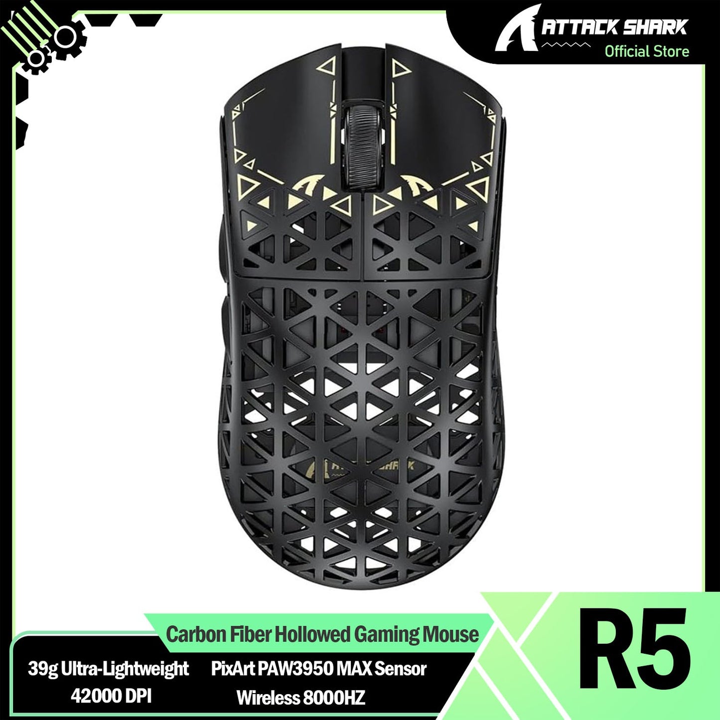 ATTACK SHARK R5 8K Wireless Gaming Mouse, 42K DPI -PAW3950 MAX Sensor -39g Ultra-Lightweight Carbon Fiber Hollowed-Out Design