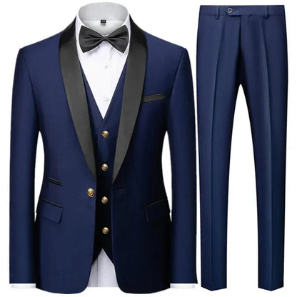 3 Pieces Set Men's Business Blazers Coat / Male Slim Fit Color Matching Collar Suit Tuxedo Leisure Jacket Pants Vest Wedding