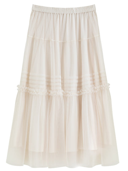 DUSHU Three-color Ruffled Mesh Skirt Women Pleated Mesh Straight Skirt Fairy Retro Gothic Cool Girls Elastic Waist Loose Fit