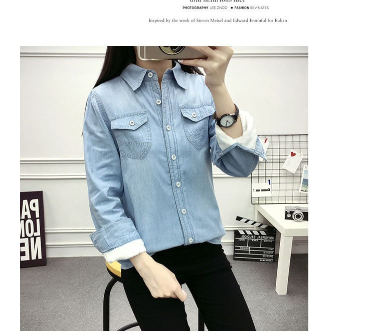 2022 Casual winter Autumn warm thick fleece denim Blouses Women Ladies Tops Women Blouses Long Sleeve Shirt clothe S-3XL