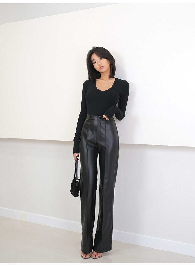 Lautaro Spring Autumn Long Black Soft Pu Leather Pants Women with Zipper High Waist Casual Elegant Straight Leg Trousers 2022