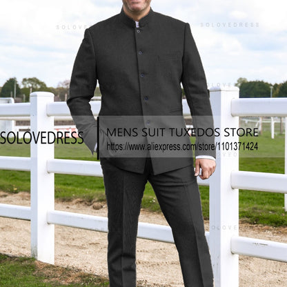 2 Pieces Men's Suits  Herringbone Tweed Stand Collar Single Breasted  Groomsmen Wedding Suits Men suits ?Blazer+Pants?