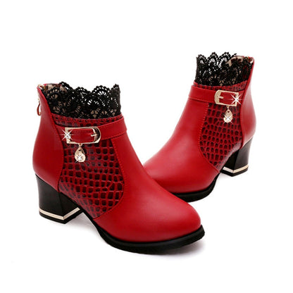 Women'S Ladies Boots Fall Winter Vintage Leather Lace Short Boots Shoes Women'S Fashion Lace Trim Boots Mid-Heeled Boots
