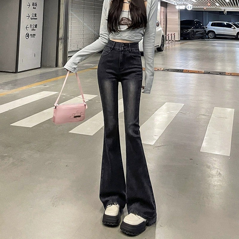 High Waist Fce Lined Thiened Autumn Winter American Bla ey Micro Flared Jeans Women Slimming Legging  Hoof Pants