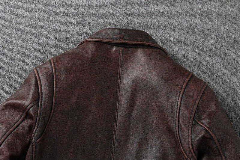 2025 New 1930s-Style Heavy Wash Leather Jacket for Men - Stone-Aged Vintage Distressed Full-Grain Cowhide Biker Coat