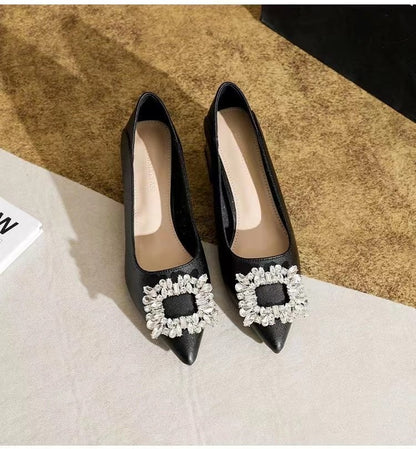Women's Elegant Black Mid Block Heels Pumps with Crystal Rhinestone Pointed Toe Dress Shoes