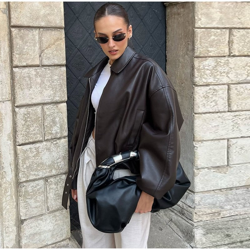 Vintage PU Leather Bomber Jackets 2025 Autumn New Ladies Zipper Lapel Long Sleeve Pocket Coat With Belt Women's Loose Streetwear