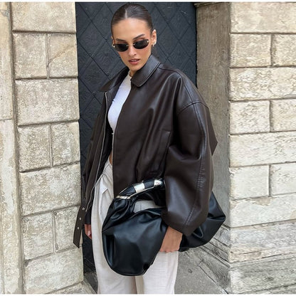 Vintage PU Leather Bomber Jackets 2025 Autumn New Ladies Zipper Lapel Long Sleeve Pocket Coat With Belt Women's Loose Streetwear
