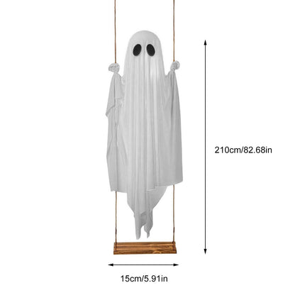 6FT Large Hanging Swing Ghost Halloween Decoration Cute White Ghost with String Light Spooky Ghost Ornament for Porch Yard Trees