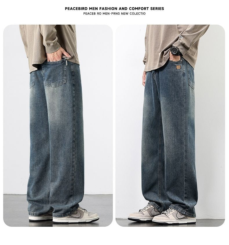 Calça Jeans Masculina Reta Vintage de Primavera Outono Calça Casual de Alta Qualidade Masculina Coreana Moderna Folgada de Perna Larga