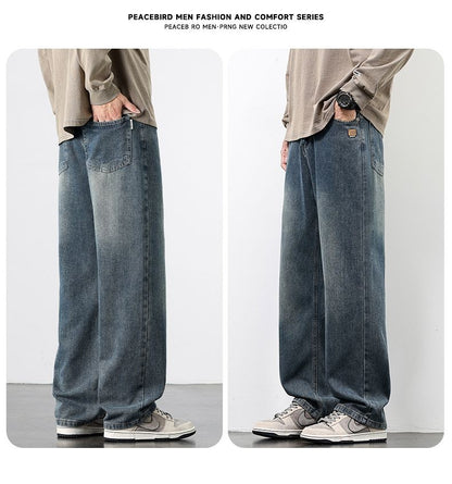 Calça Jeans Masculina Reta Vintage de Primavera Outono Calça Casual de Alta Qualidade Masculina Coreana Moderna Folgada de Perna Larga