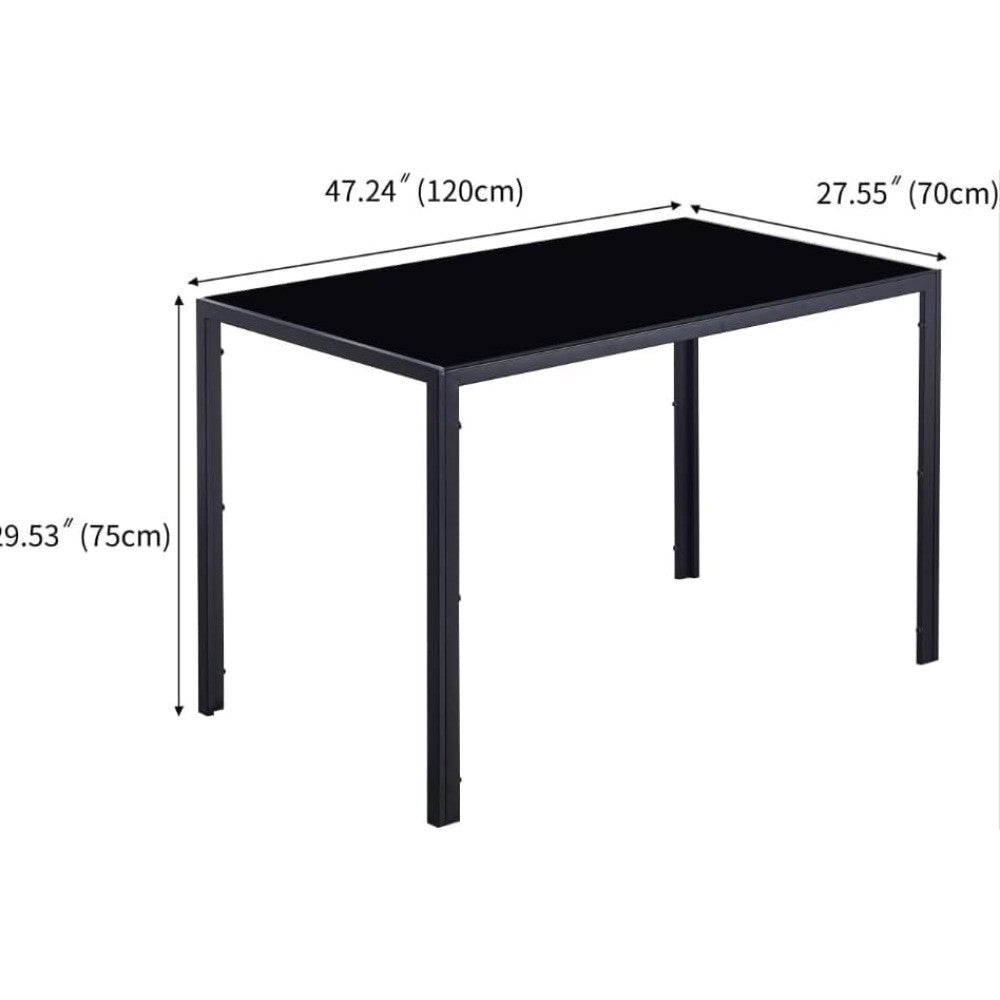Modern Rectangular Dining Table with Black Glass Top, Steel Frame, Seats 4, Easy to Clean, Ideal for Kitchen Use