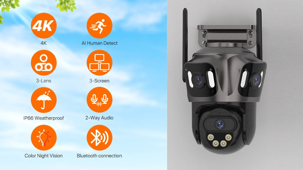 Câmera IP WIFI de Três Telas Externa 4K Lente Dupla Câmera PTZ Detecção Humana por IA Câmera de Segurança de Vídeo CCTV IP66 à Prova D'água iCsee