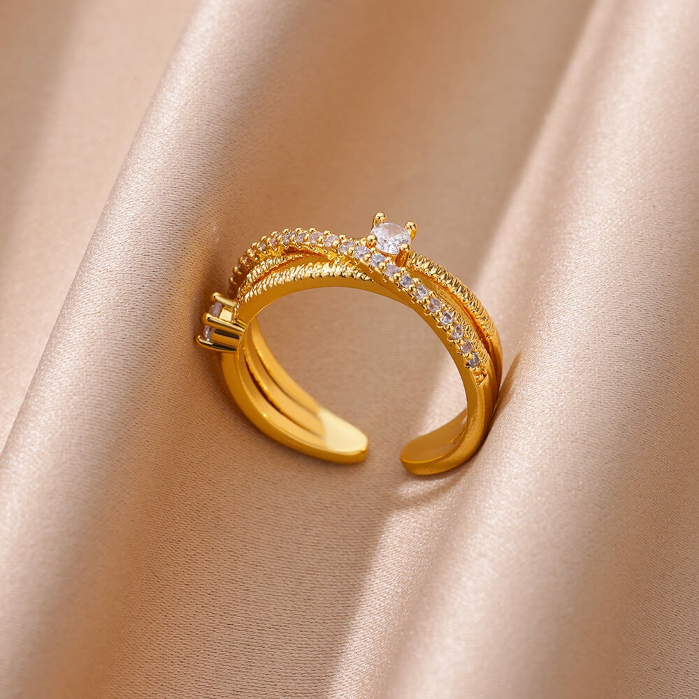 Anéis de Aço Inoxidável Banhados a Ouro com Cristal para Mulheres Corrente Geométrico Zircônia Anel de Dedo Joia Presente anillos mujer 2025 Novo e Moderno