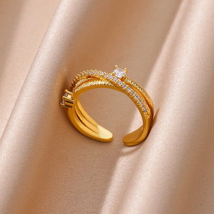 Anéis de Aço Inoxidável Banhados a Ouro com Cristal para Mulheres Corrente Geométrico Zircônia Anel de Dedo Joia Presente anillos mujer 2025 Novo e Moderno