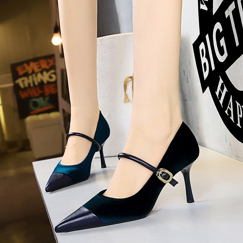 Korean Version Party 10cm 7cm High Heels Women Shoes Thin Heels Velvet Shallow Montage Pointed Toe Metal One-line Buckle Pumps