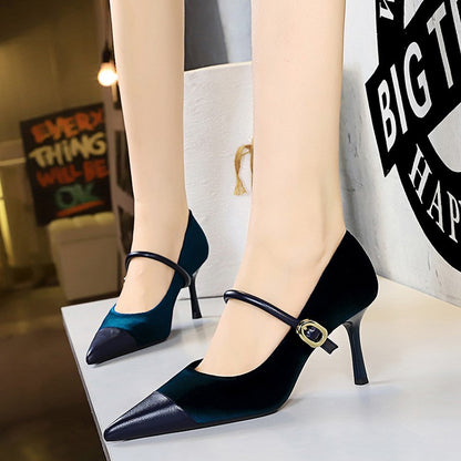 Korean Version Party 10cm 7cm High Heels Women Shoes Thin Heels Velvet Shallow Montage Pointed Toe Metal One-line Buckle Pumps