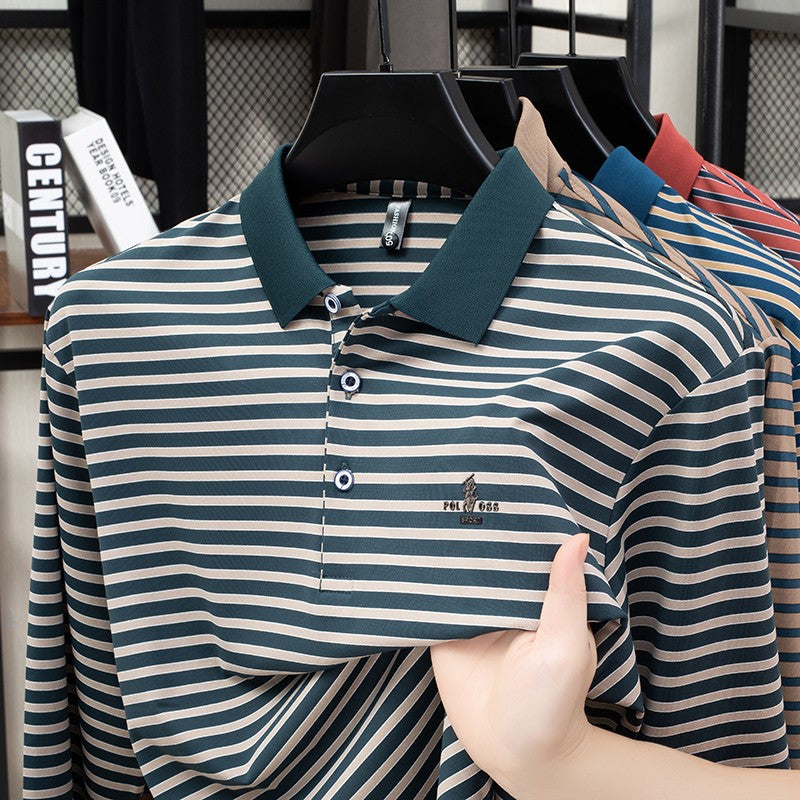 2025 New Lapel Striped T-shirt Men's Long Sleeved Spring and Autumn New Top Casual Polo Shirt Men