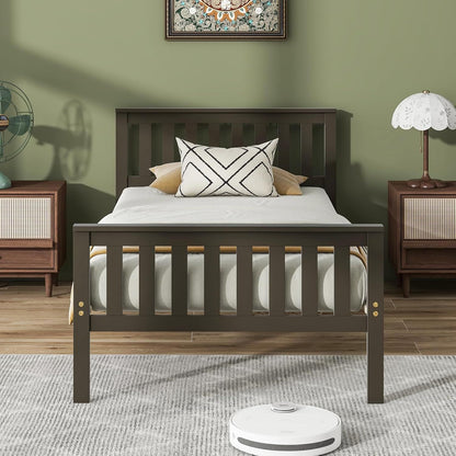 Wood Twin Bed Frames with Headboard, Mid Century Platform Bed with Wooden Slats Support, 12" Under-Bed Storage Space, No