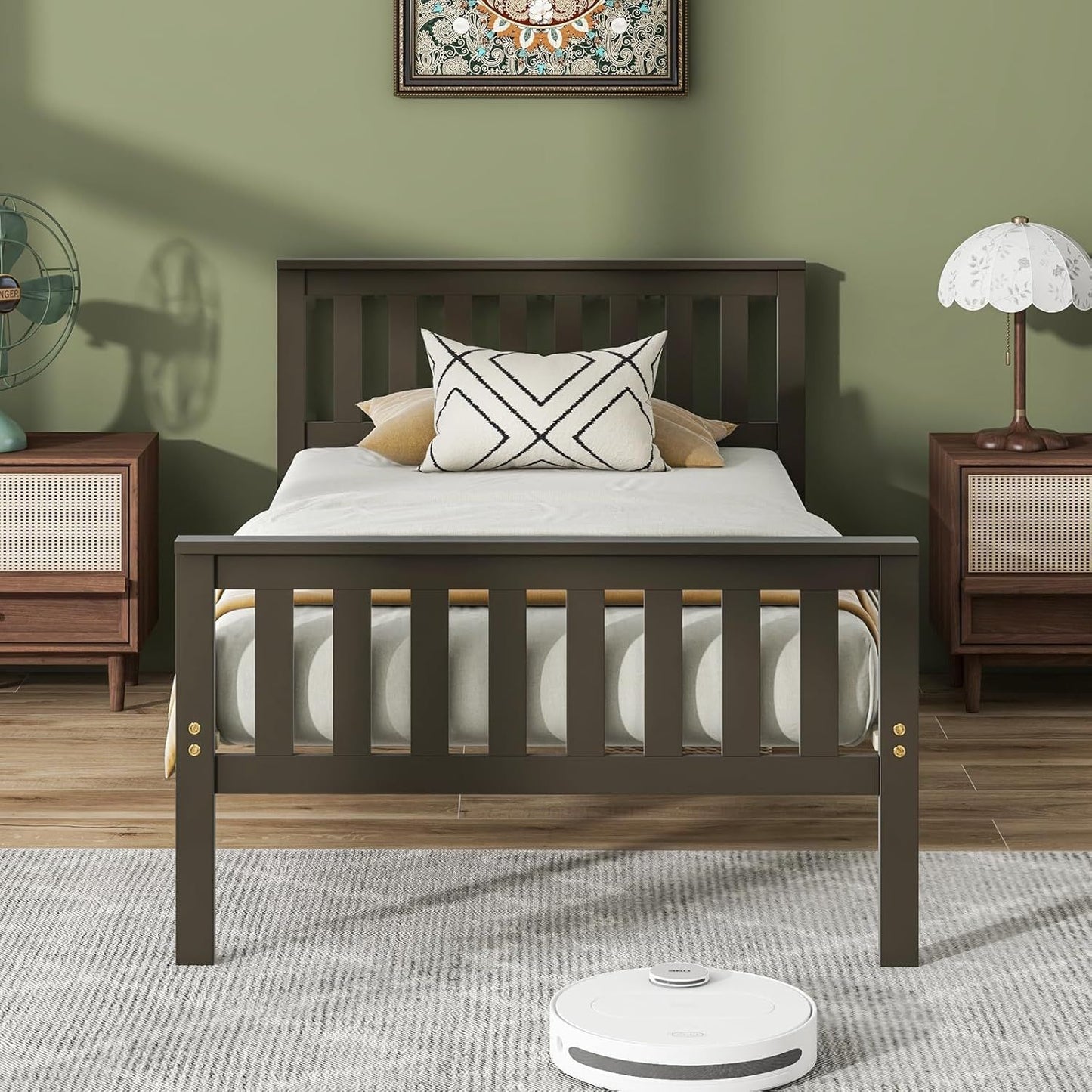 Wood Twin Bed Frames with Headboard, Mid Century Platform Bed with Wooden Slats Support, 12" Under-Bed Storage Space, No