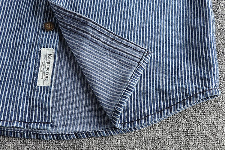 Autumn New American Retro Long Sleeved Lapel Denim Striped Cargo Shirt Men's Simple 100% Cotton Washed Old Casual Blouses Coat