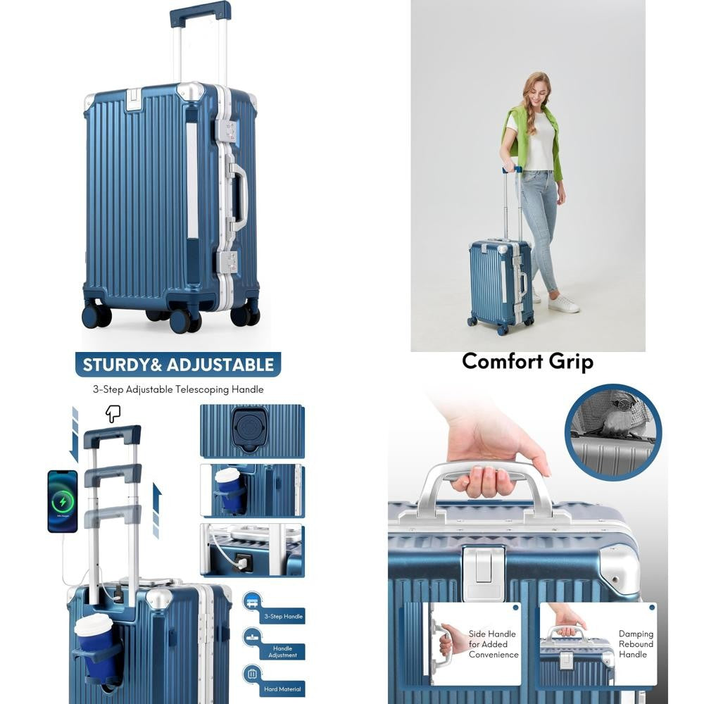 Gorgeous Gem-Blue 3/7 Split Opening Zipperless Aluminum Frame Suitcase, Higher Volume 22x14x9, Airline Approved Carry-On Luggage