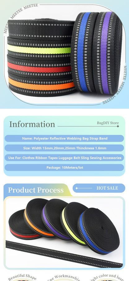 15/20/25mm Reflective Ribbon Tape 5/10M Nylon Webbing Bag Shoulder Strap To The Meter Dog Collar Polyester Binding Belt Supplies