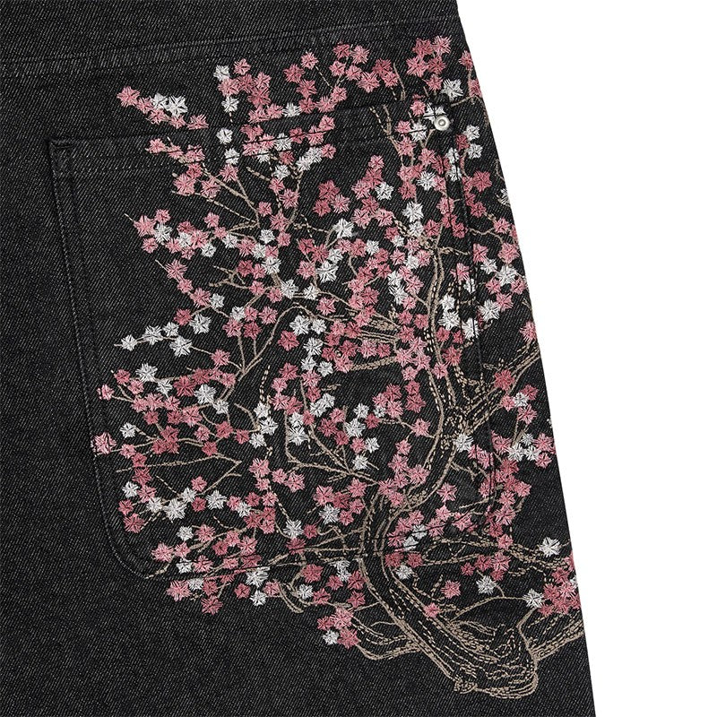 Fashion Retro Cherry Blossom Pattern Embroidery Black Denim Shorts Gothic Hip Hop Men Women Versatile Casual Streetwear Summer
