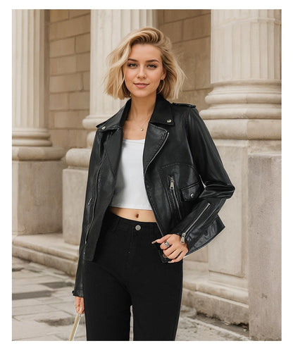 Women's Short-Length Black Leather Jacket for Fall, Fashionable Casual PU Jackets, Sizes: S M L XL.