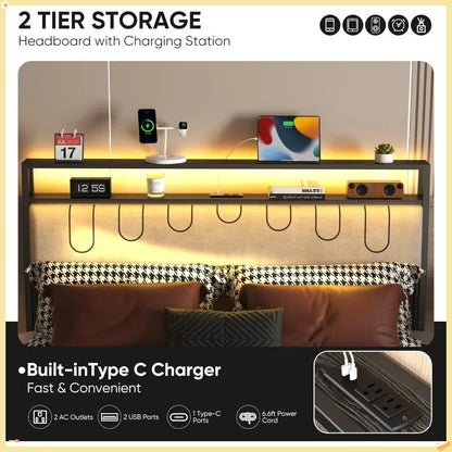 Black Platform Bed Full-Size, Charging Station & LED Lights - Double Storage Headboard for Room