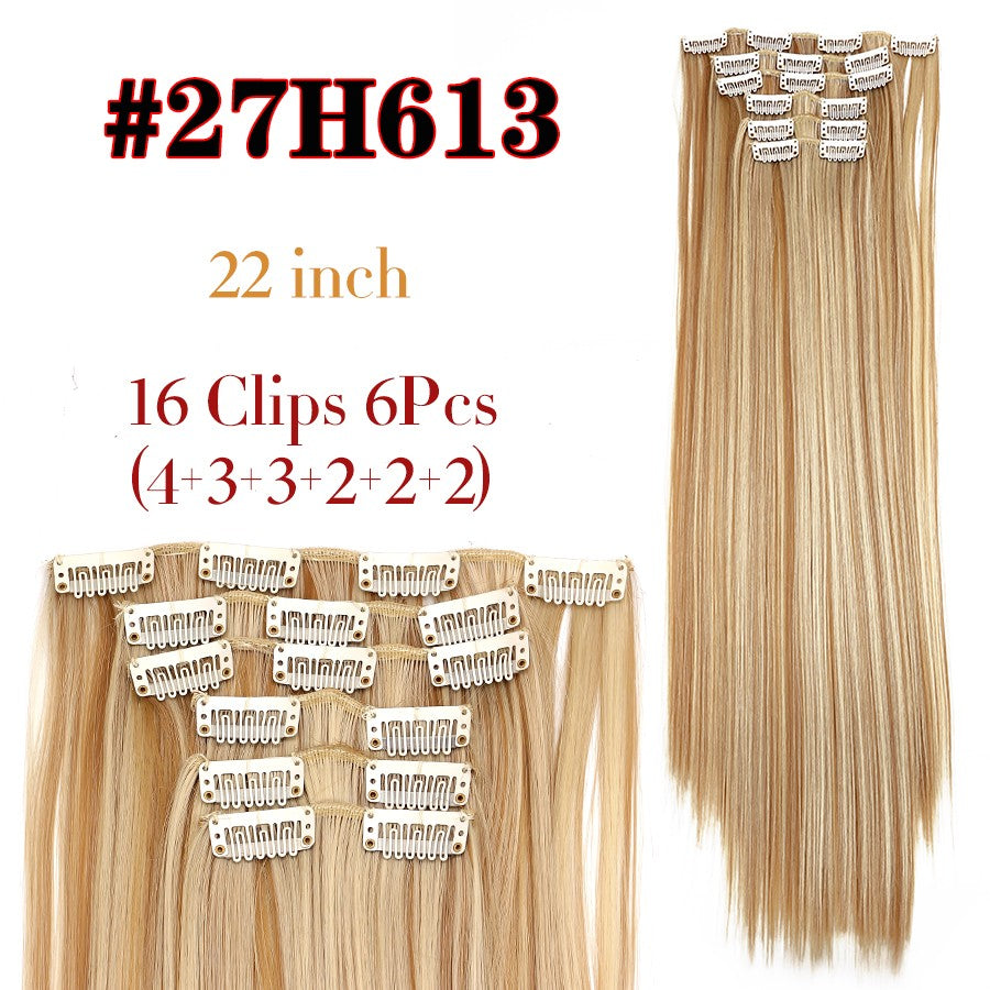 22 Polegadas Sintético Cabelo Liso Longo 16 Clipes 6 Peças/Conjunto Apliques de Cabelo Loiro Preto Resistente ao Calor Para Mulheres