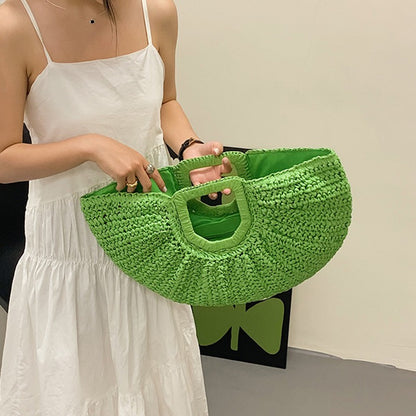Summer Straw Women Half-moon Beach Handbag Rattan Handmade Handle Fashion Kintted Tote Bag