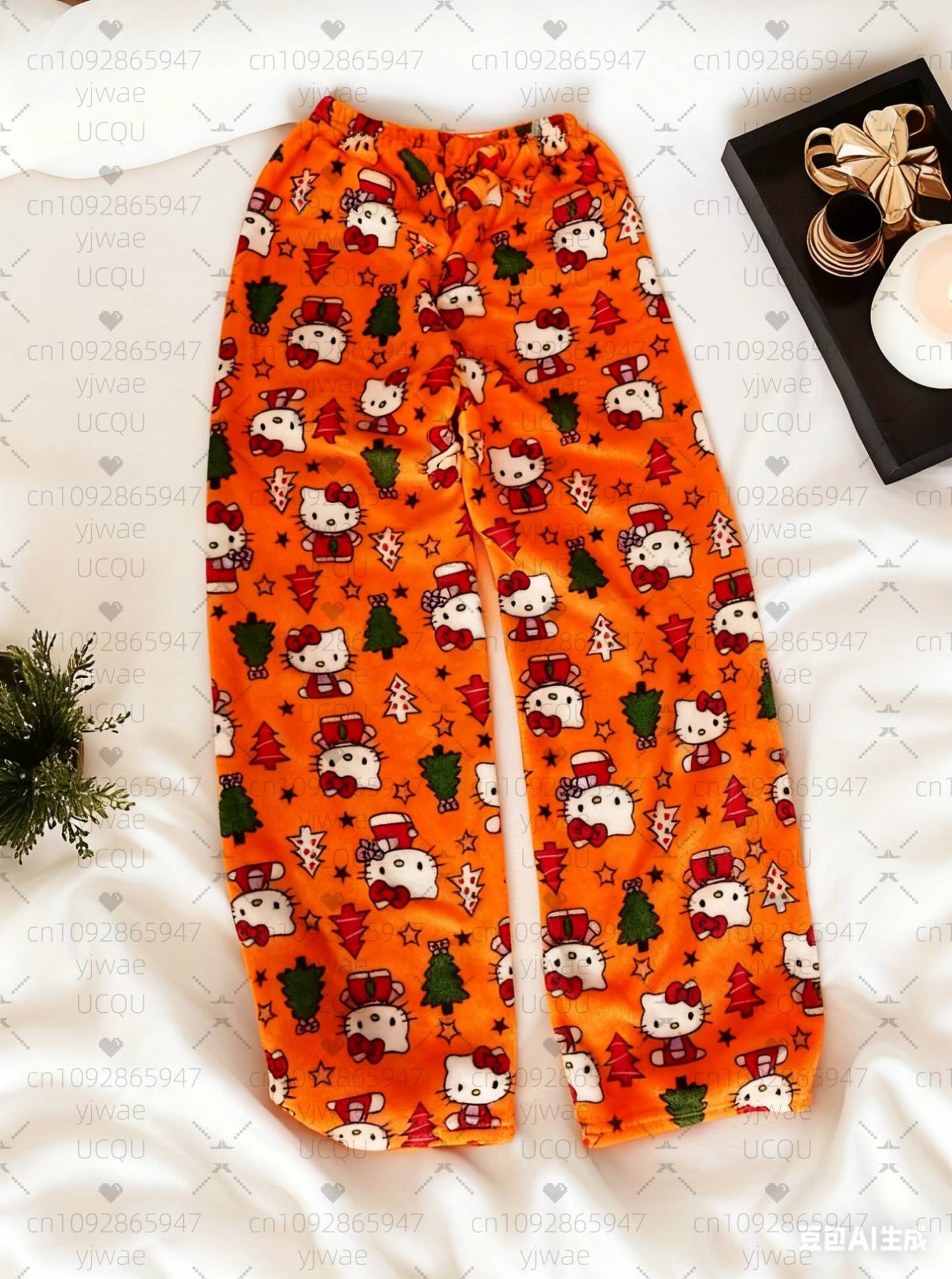 2025 Winter Women Hello Kitty Christmas Tree plush Pajama Pants Soft Trousers Cute Women Casual Home Anime Cartoon  Pajama Pants