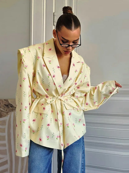 Lace Up Shoulder Pad Blazer Coat Women Elegant Turn-down Collar Long Sleeve Pockets Slim Fit Coats Chic Ladies Commute Outerwear