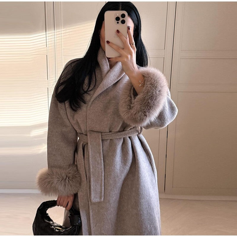 Lace-Up Short Overcoat Women's Coat Office Lady Elegant Woolen Furry Patchwork Long Sleeve Coats 2025 New Loose Cardigan Jackets