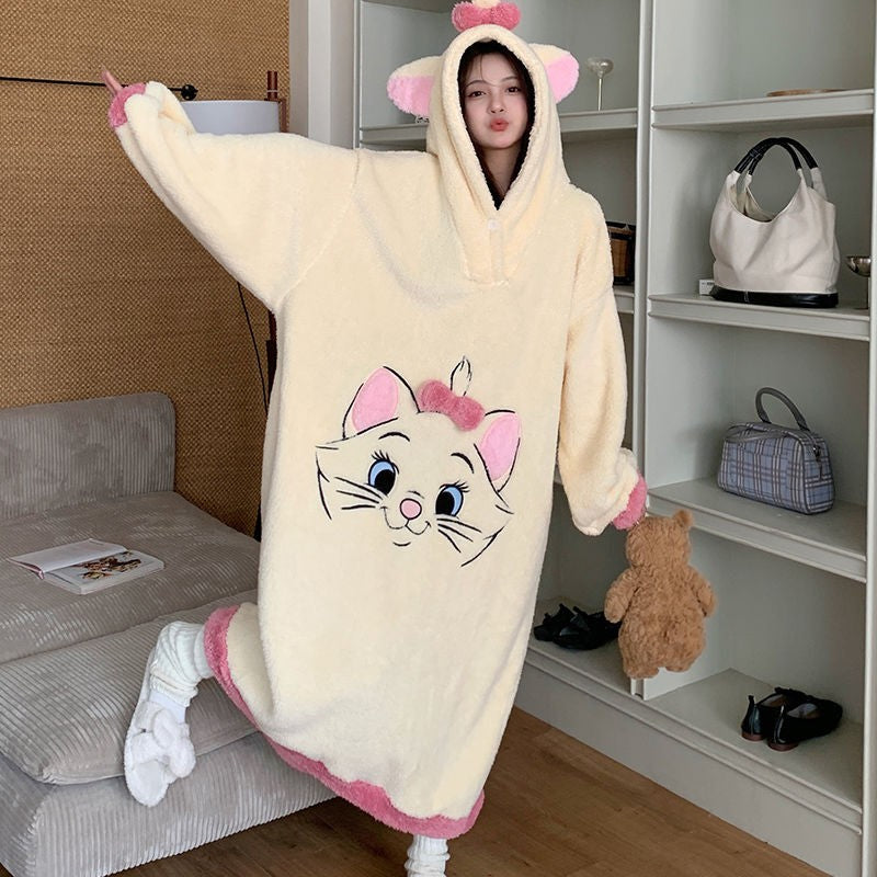 Camisola de Gatinha Marie da Disney Kawaii Desenho Animado Feminino Inverno Veludo Coral Longo Veludo Grosso Solto com Capuz Robe de Banho